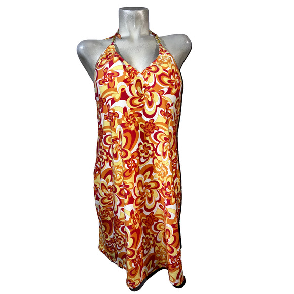 New NO BOUNDARIES Junior XXXL (21) Pink Orange Yellow Beaded Halter Mini Dress - Picture 1 of 6
